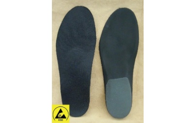 Leitfähige Einlagen mit medialer und retrocapitaler Abstützung und integrierter Fersendämpfung für ESD-Schuhe.